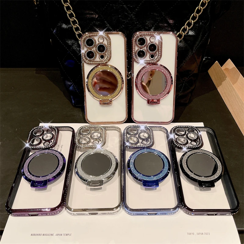 Luxury Plating Flash Glitter Mirror Phone Case with Diamond Bumper Protector