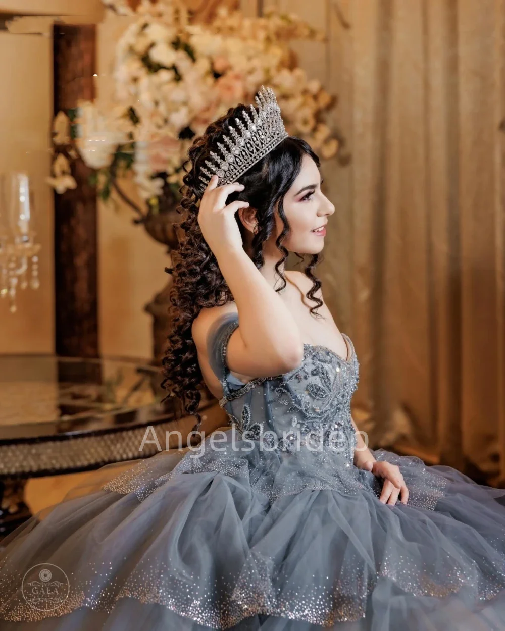 Angelsbride Chic Grey Ball Gown Quinnceanera Dresses Tiered Shiny Applique Beading Evening Party Vestidos De Fiesta