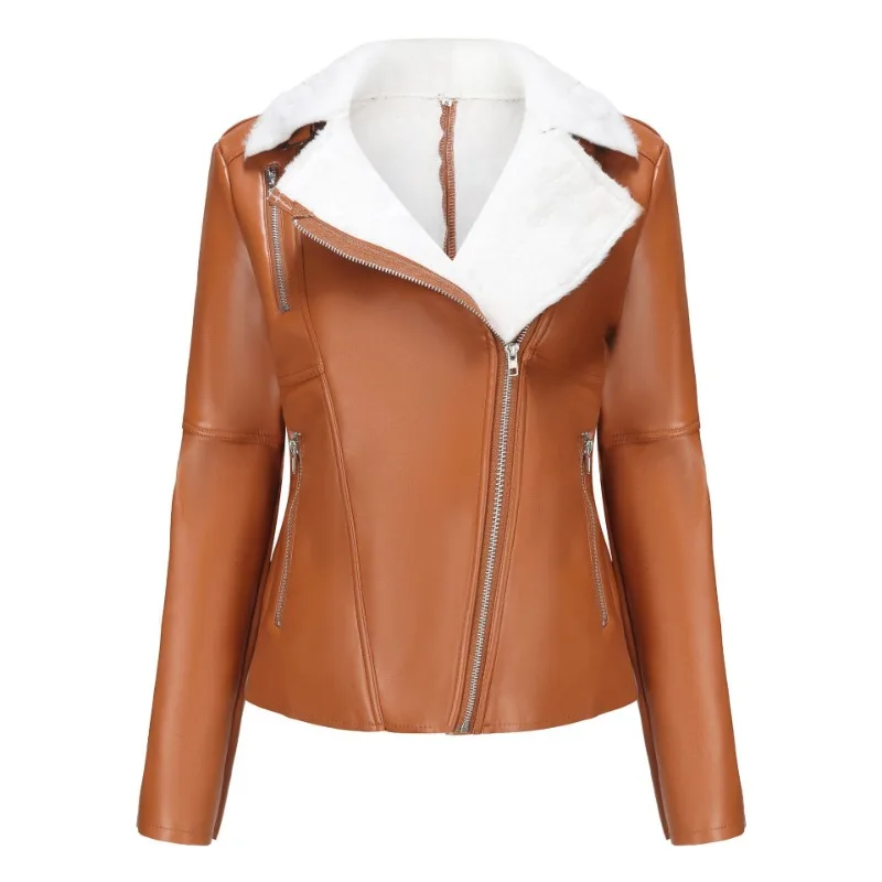 

Autumn and Winter Plus Velvet Leather Women's Warm Long-sleeved Lapel Jacket European and American Commuter Casual Jacket