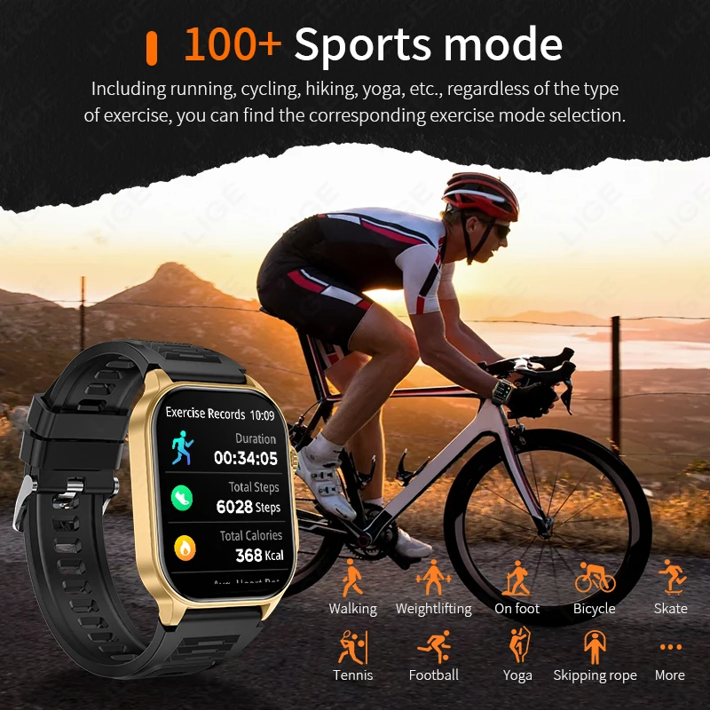 LIGE New Men Smart Watch Flashlight 2.01" HD Large Screen AI Voice BT Calling Sports Heart Rate Health Monitor Smartwatch Women