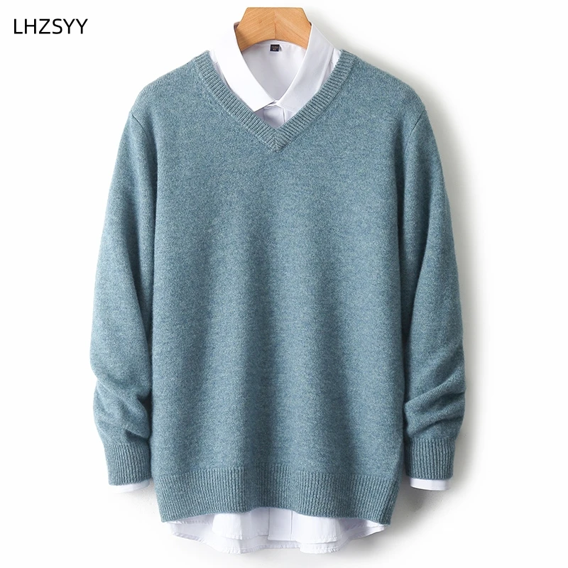 LHZSYY Men's V-Neck Cashmere Sweater 23Autumn Winter New Thick Solid Pullovers Loose Knit Base Shirt Business Casual Jacket Tops 4