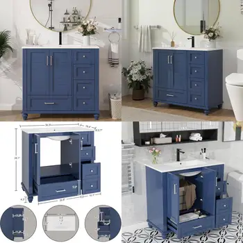 36" Solid Wood Bathroom Vanity with Louvered Doors & 3 Drawers 1