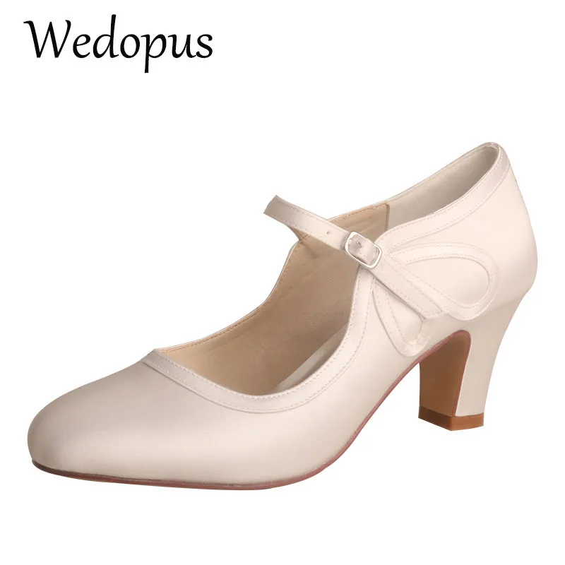 Mary Janes Block Heel Ivory Shoes Wedding Women Round Toe Bridesmaid
