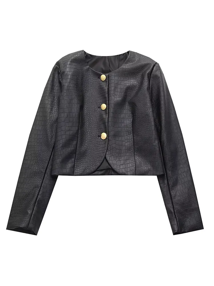 

PU Long Sleeve O-Neck Single Breasted Short Coat Elegant Fashion Women Cropped Overcoat Women Party Commuter Black Jacket 2023