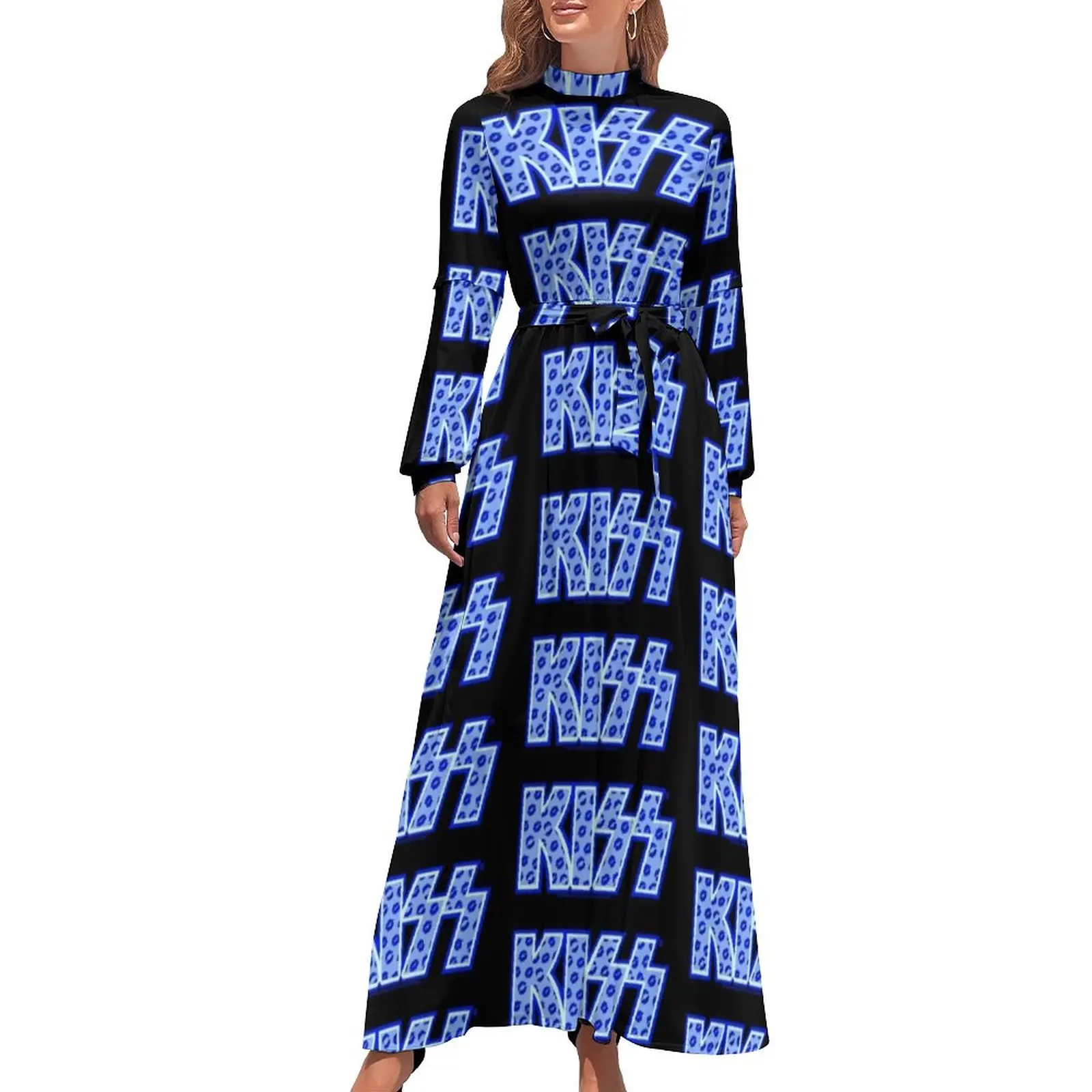 

Kiss Band Dress High Waist Blue Lips Logo Custom Boho Beach Dresses Long-Sleeve Aesthetic Long Maxi Dress Sexy Clothes