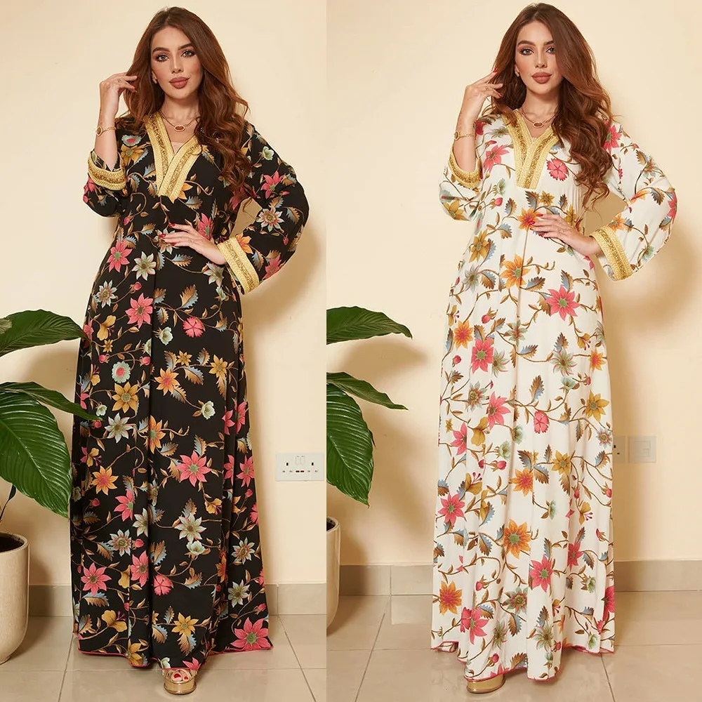 

Fashion Ethnic Casual Dress Southeast Asia Fashion Print Hot Drill Robe Ladies Muslim Banquet Party kaftan dress