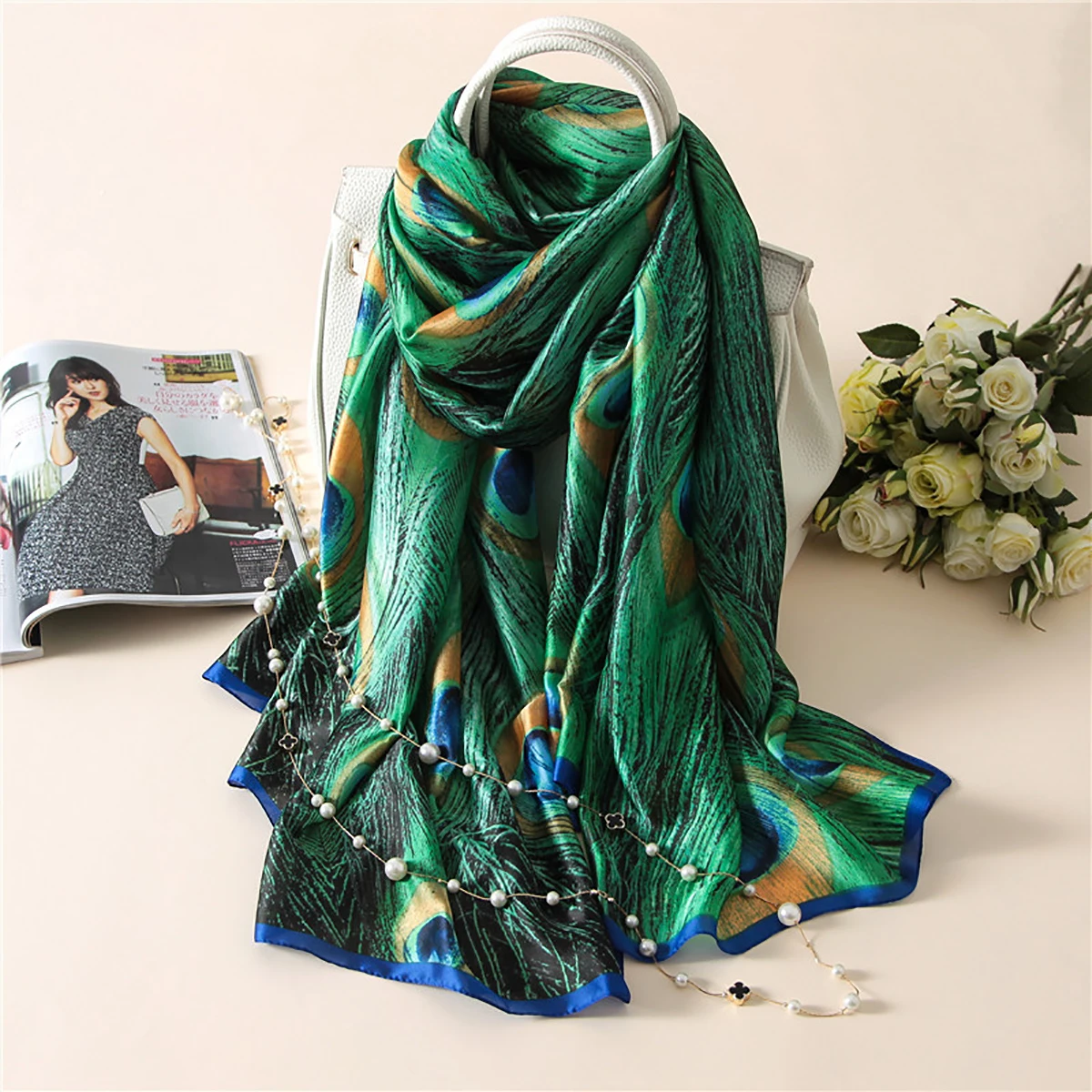 

Modigirl Summer Vintage Scarf Peacock Wraps 2024 New Fashion Printed Silk Imitation Stoles Foulard Lady Shawl for Women