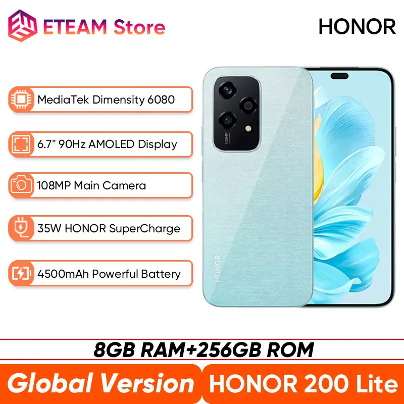 Глобальнаяверсия2024СмартфонHONOR200Lite256ГБПЗУ5GРазмер200линий60806,7дюйма90ГцAMOLED-дисплейОсновнаякамера108МП-AliExpress509