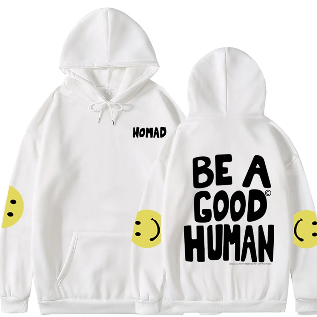 NOMAD BE A GOOD HUMAN JIM 주변 동일 후드, Y2k 후드 셔츠 탑, 여성 의류, 루즈 풀오버, 가디건, 스웻셔츠