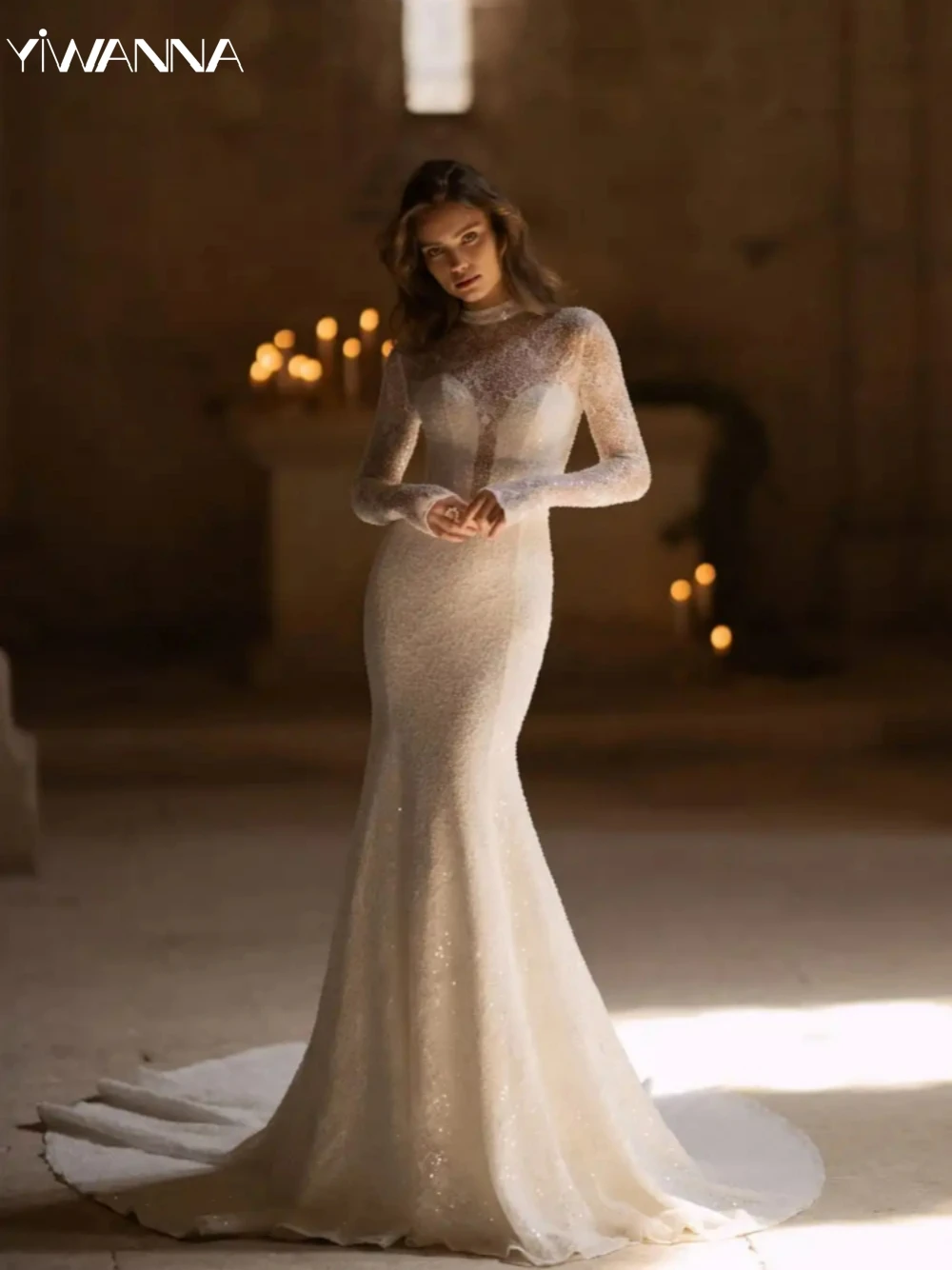 

Modest High Collar Long Sleeve Wedding Dress Sparkly Sequins Beads Bride Robe Classic Lace Mermaid Bridal Gown Robe De Mariée