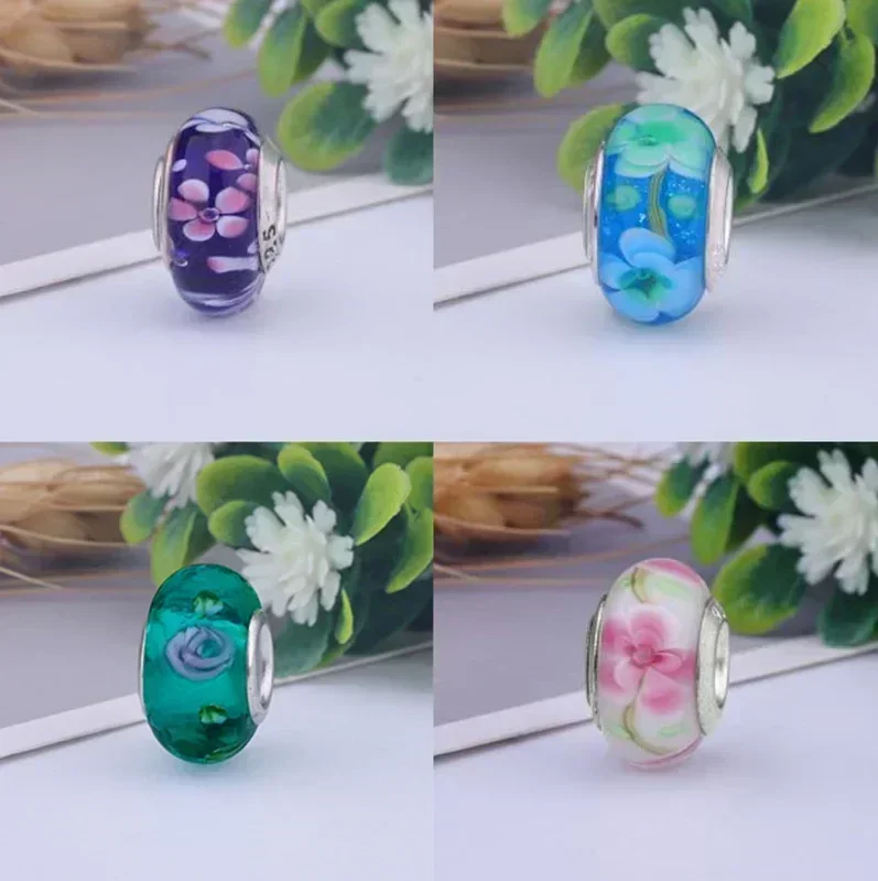 Real Sterling Silver 925 Flower Charms Glass New Original Bead Colorful Murano Fit Original Bracelet DIY for Women Jewelry Gifts