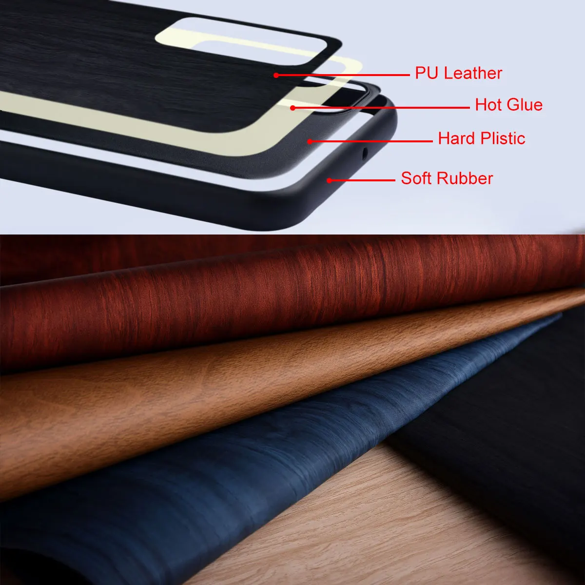 Luxury PU Leather Wood Texture Retro Business Shockproof Phone Case