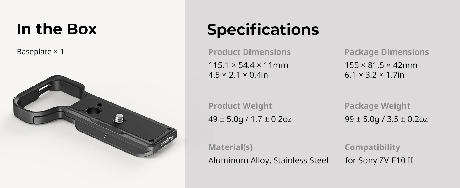 ZV-E10 II Bottom Mount Plate for Sony ZV-E10 II w Arca-Swiss Quick Release Plate
