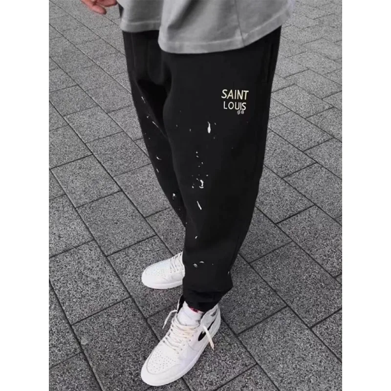 Wang Yibo's Same American High Street Fat Plus Size Splashing Ink Wash Feet Guard Pants for Men's Instagram