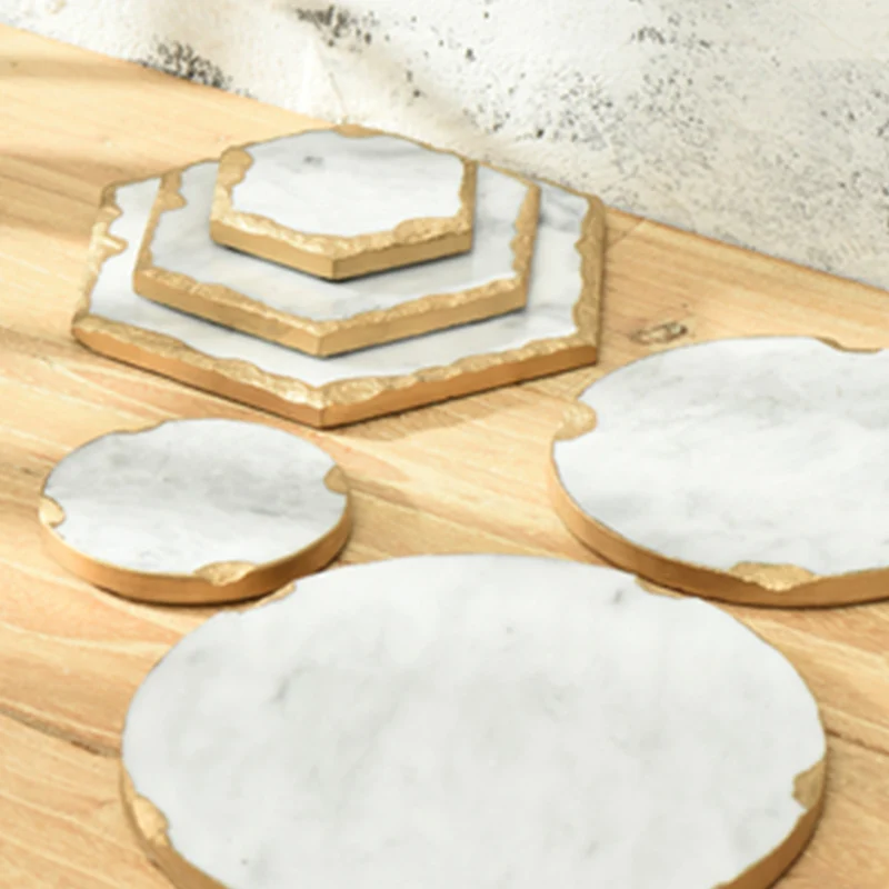 European Natural Marble Golden Stroke Cake Trays Jewelry Cosmetic Storage Tray Dessert Plate Coffee Coaster