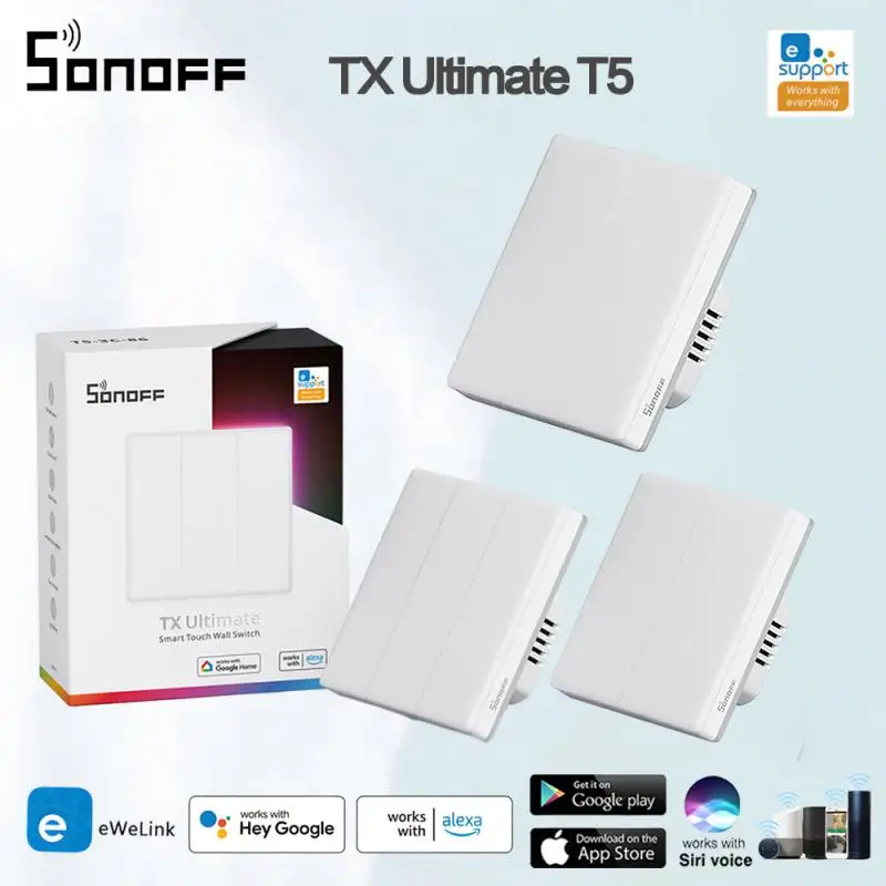 

SONOFF T5 Wifi Smart Light Switch 1/2/3 Gang Full Touch Wall Swtiches Backlight Remote Control With EWeLink Alexa Google Home
