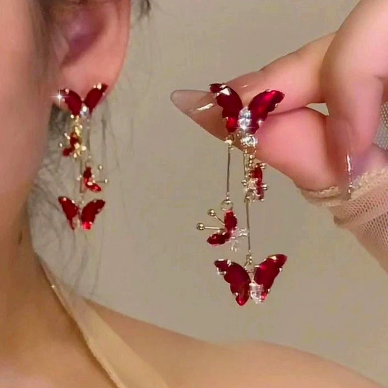 Purple Butterfly Tassel Earrings | Long Crystal Rhinestone Drop Dangle Earrings For Women - Wedding & Party Jewelry - View #2