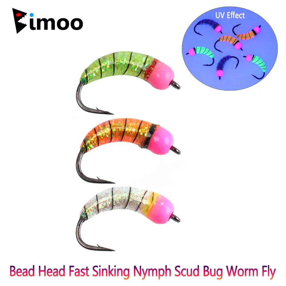 

6pcs #6 #8 #10 Fluorescent Brass Bead Head Fast Sink Nymph Scud Bug Worm Fly Caddis Larvae Insect Baits Trout Ice Fishing Lures