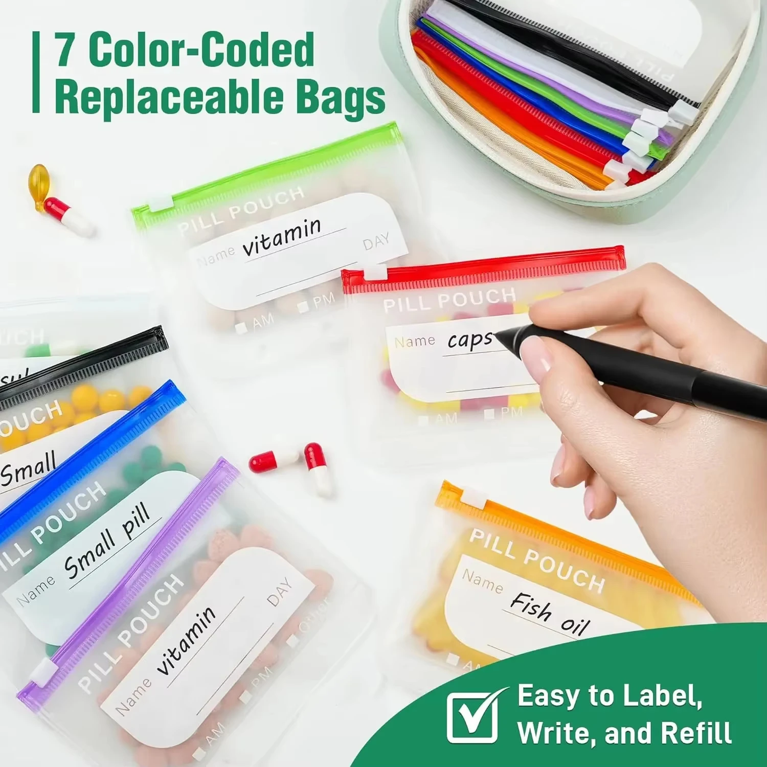 Waterproof Portable Pill Organizer Set with Color-Coded Pouches for Medicine and Jewelry Storage