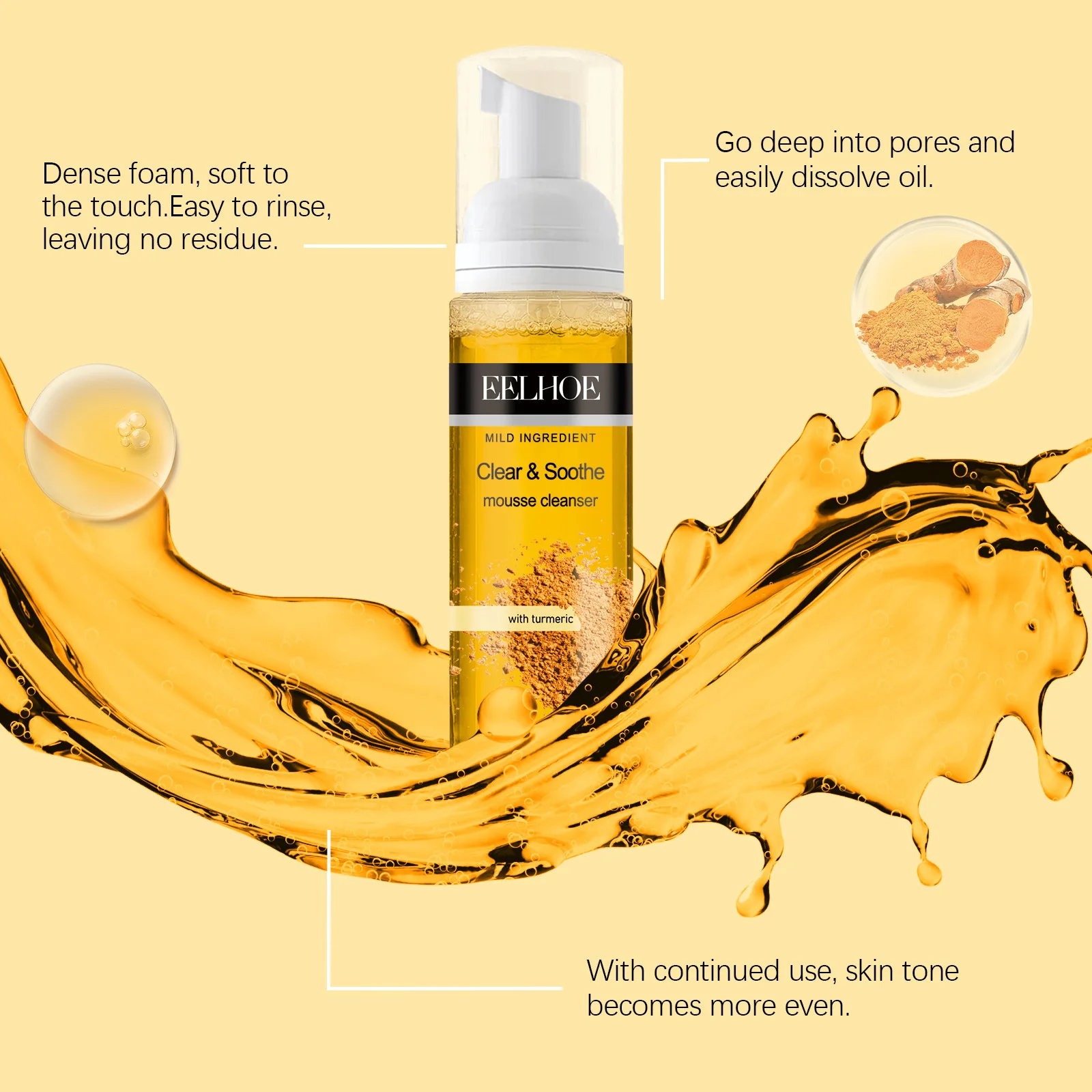 Turmeric Mousse Cleanser Face Cleaning Shrink Pores Oil Control Dull Skin Brightening Hydrated Facial Contour Foaming Cleanser 3