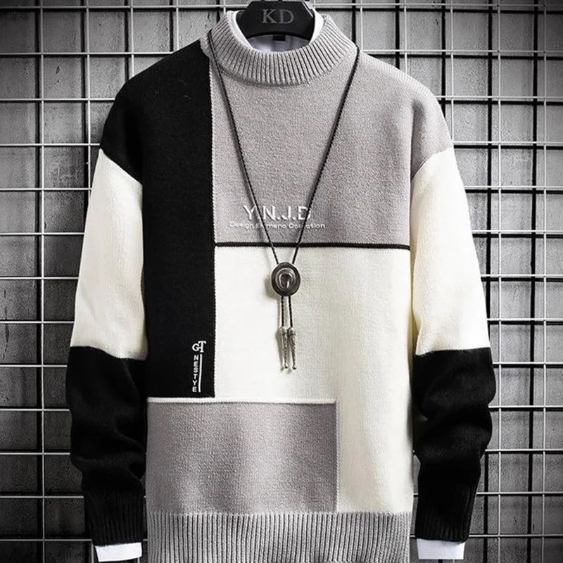 Fashion Half High Collar Knitted  Embroidery Color Sweater Men's Clothing 2023 Autumn New Loose Casual Pullovers Tops