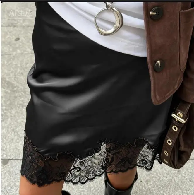 Lace Trimmed Mini Skirt for Women Low Rise Satin Skirt Casual Summer Streetwear Skirts