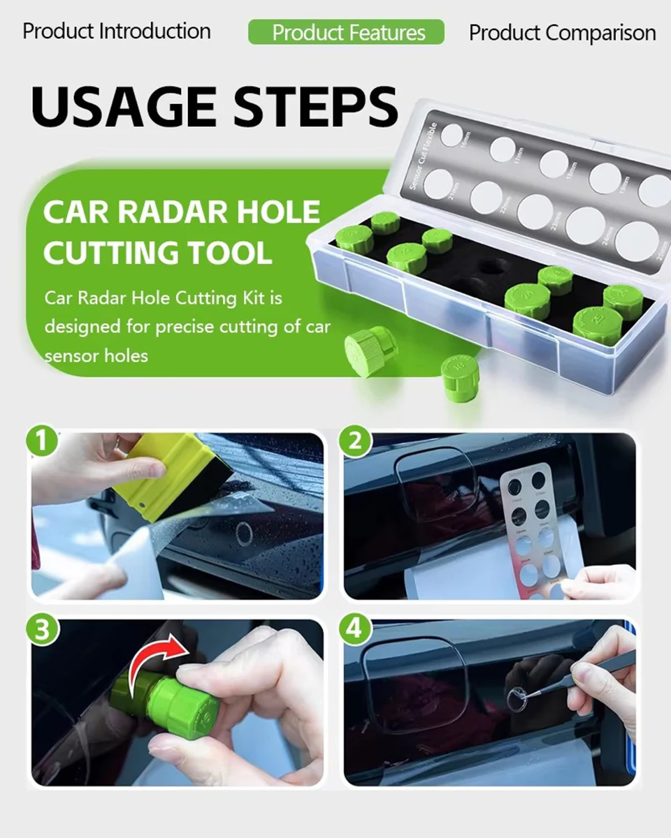 Radar-Sensor Lochstanzer-Set für PPF & Vinylfolie, 10-teiliges Kreisschneider-Set für makellose Clear-Bra-Installation, Präzisions-Schneidewerkzeug – Detail 5