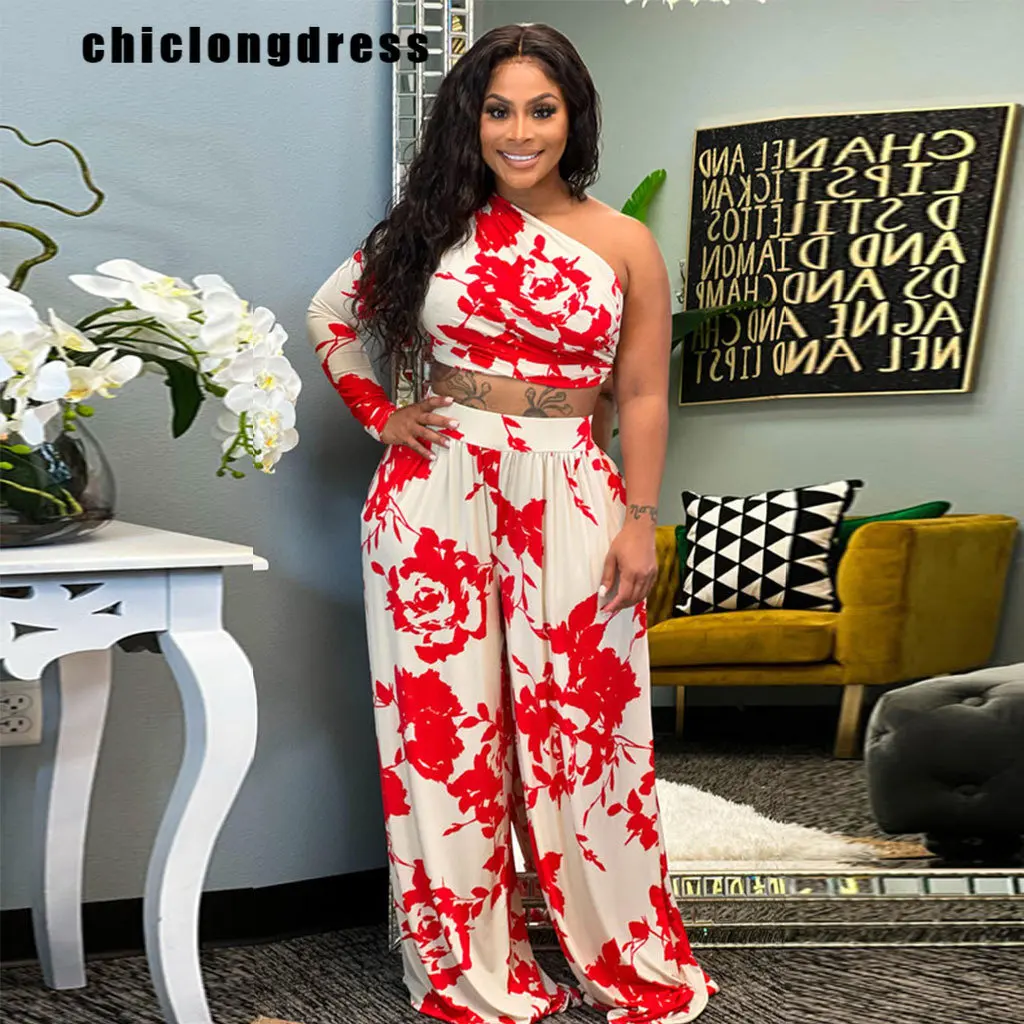 

Autumn Printed Wide Leg Pants 2 Piece Suit Fashion Long-sleeved Loose Wide-leg Pants Two Piece Set Women