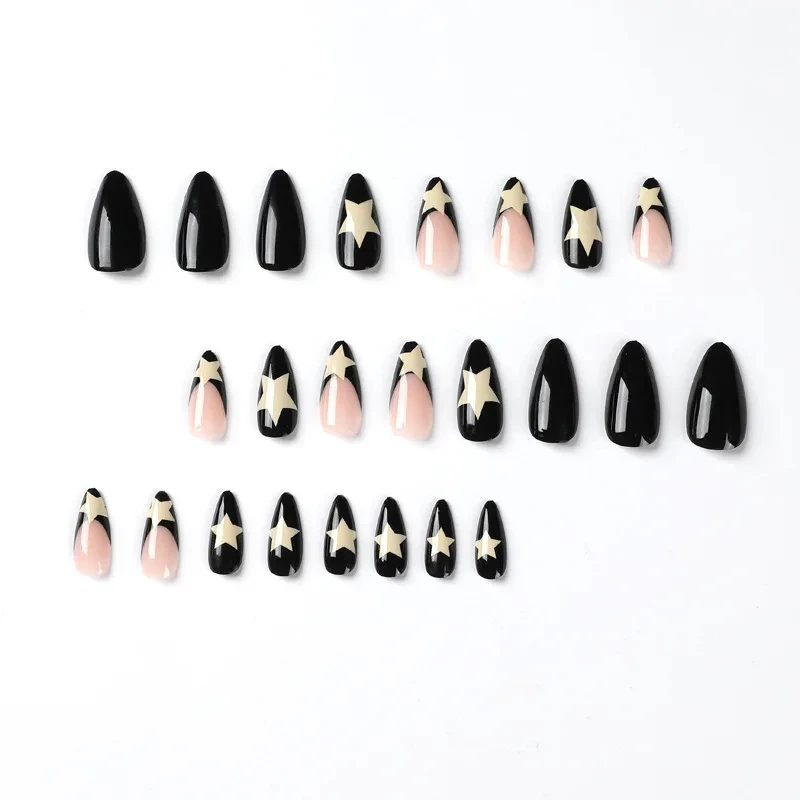 Long French Black Edge Star Nails 24 PCs with 1 Jelly Gel and 1 Nail File