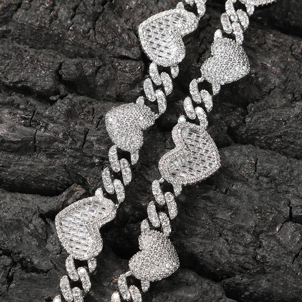 Uwin 9mm 2 Heart Cuban Chain Baguetter Full Paved Iced Out  Bling Cubic Zirconia Necklace Charm HipHop Jewelry Women Accessories