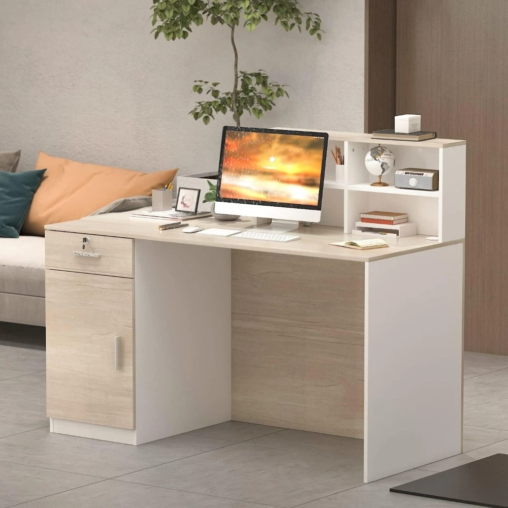 Rectangular Wood Reception Desk See Working Oak Brown Glam Modern Contemporary MDF Finish Cabinet Drawers Shelves