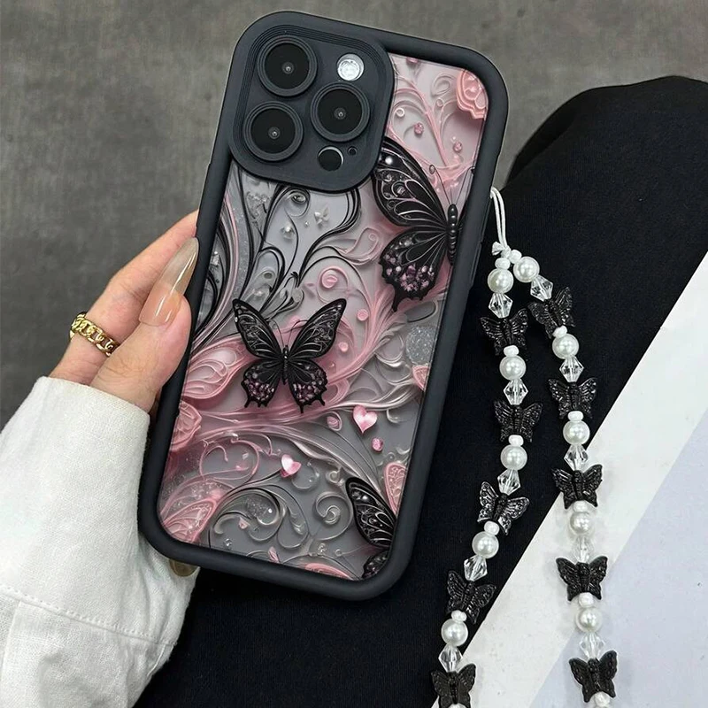 Elegant Black Butterfly Pattern Soft Phone Case with Butterfly Charm Cover