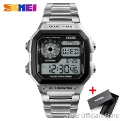 Retro Sports Waterproof Digital Men's Wristwatch with Stainless Steel Band (Silver with box)