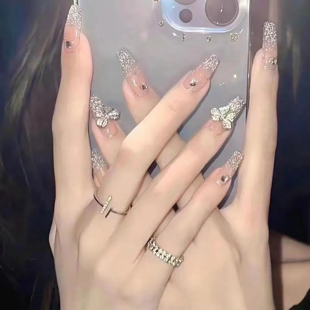 Handmade Manicures Mid-length Trapezoidal Detachable Diamond Manicure Finished Fake Wear Bow Opal Flash Silver Nails L8w1 4