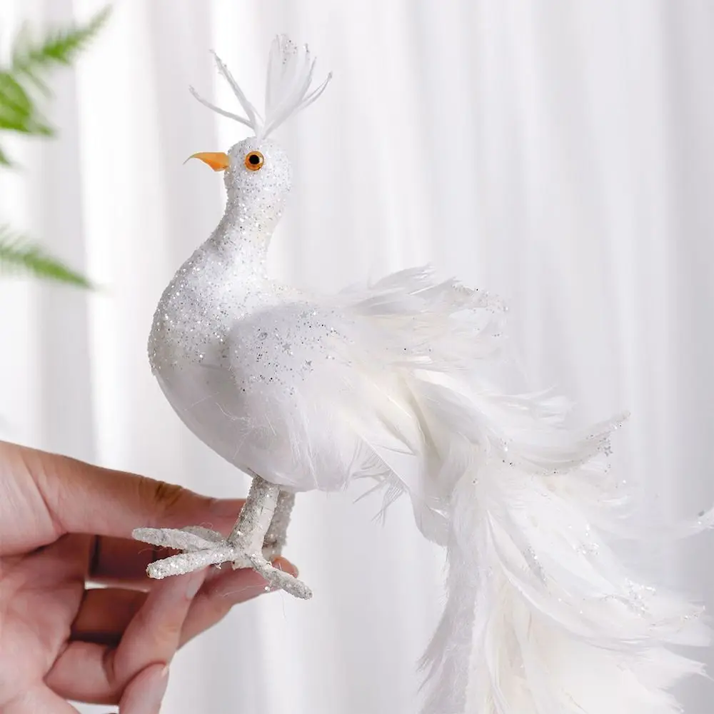 Simulazione pavone bianco bellissimo albero di natale leggero decorazione attraente decorazione della casa ciondolo in vera piuma  15