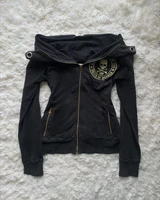 Y2K Retro Zipper Hoodies Women Harajuku Sexy Slim Fit Sweatshirt Autumn Skull Graphic Embroidery Hooded Jacket Gothic Clothing