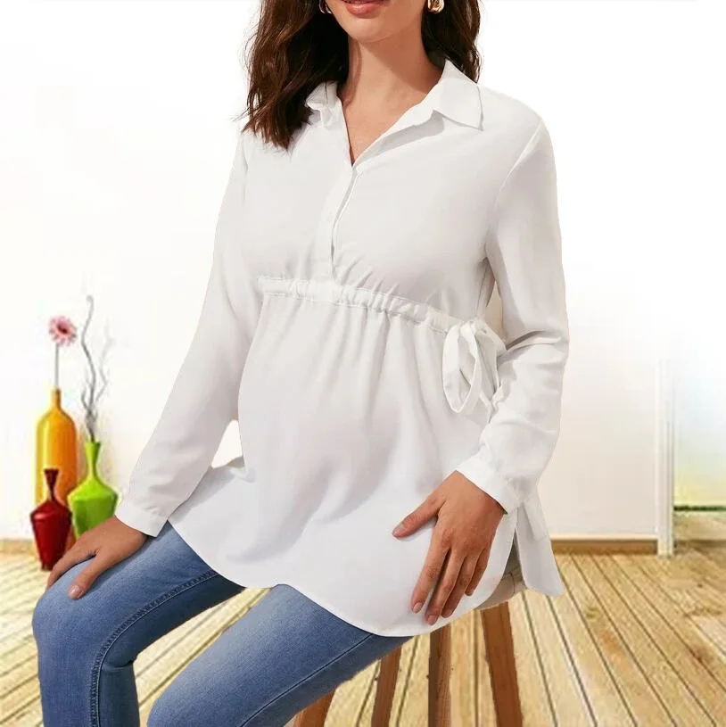 Spring Summer Women's Fashionable Solid Color V-neck Comfortable Long-sleeved High-waisted Casual Breathable Pregnant Shirt 3