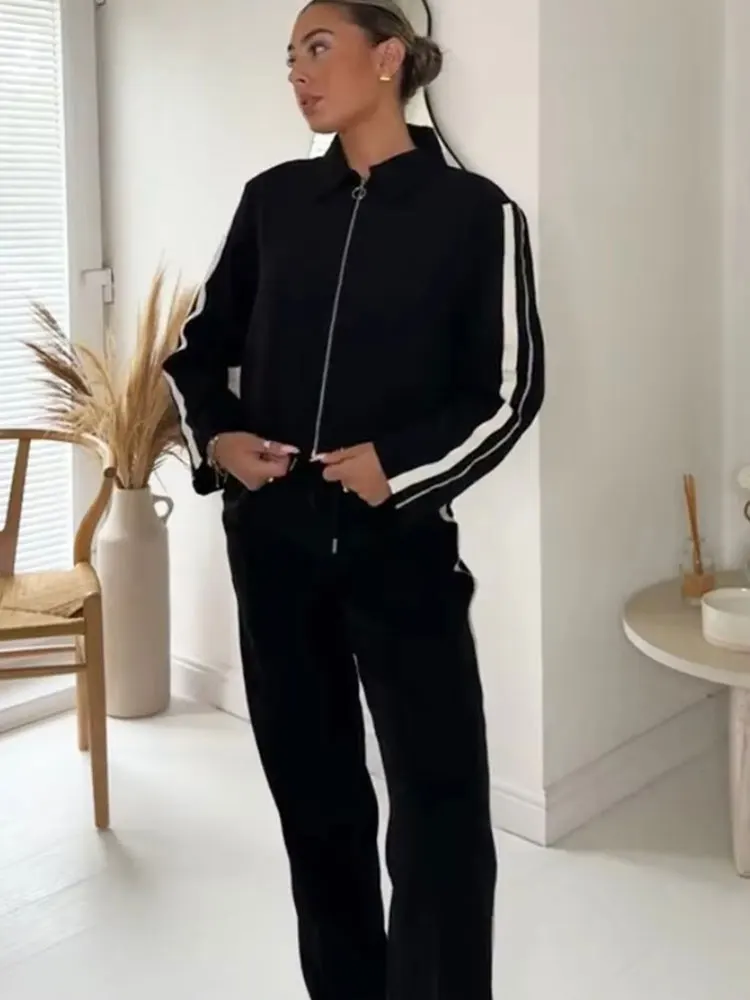 HH Women Fashion Side Stripe Coat Pant Set Long Sleeve Zipper Jacket Elastic Waist Wide Leg Pants High Street Lady Outfit