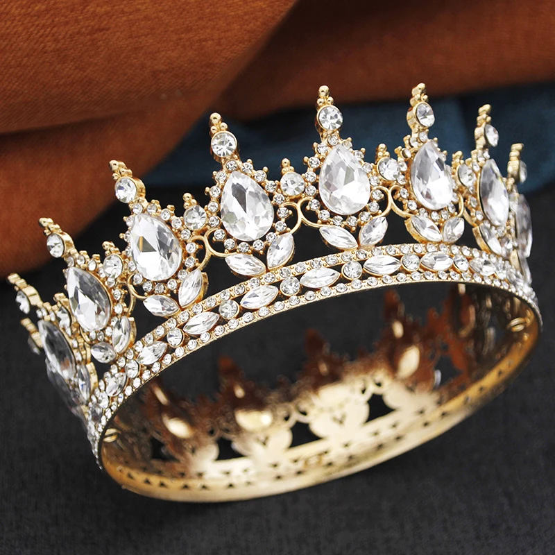 Baroque Round Diadem Royal Queen King Tiaras and Crowns Party Birthday Bridal Wedding Dress Jewelry Accessories