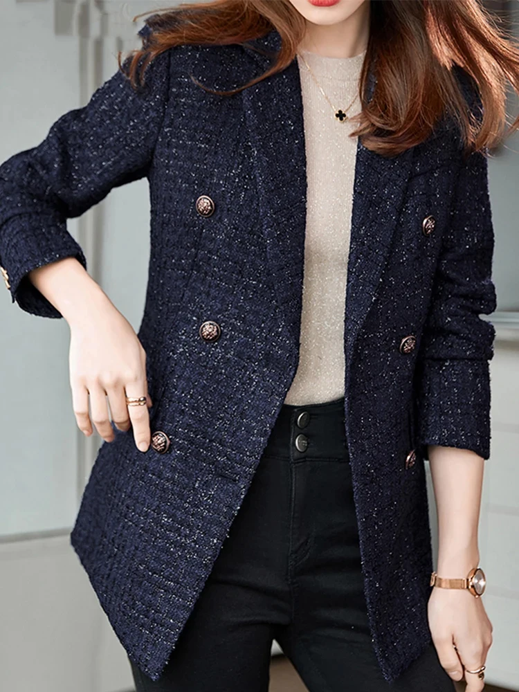 

Elegant Double-Breasted Navy Winter Women Tweed Blazers Thick Warm and Long Overcoat with Button Women's Casual Long Sleeved