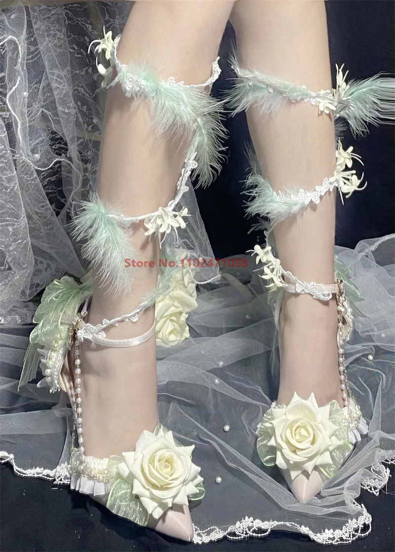 

Lolita Bride Hight Heels Wedding Party Pointed Toe Women Pumps Elegant Thin Heels Buckle Strap Feather Rose Flowers Decor Shoes