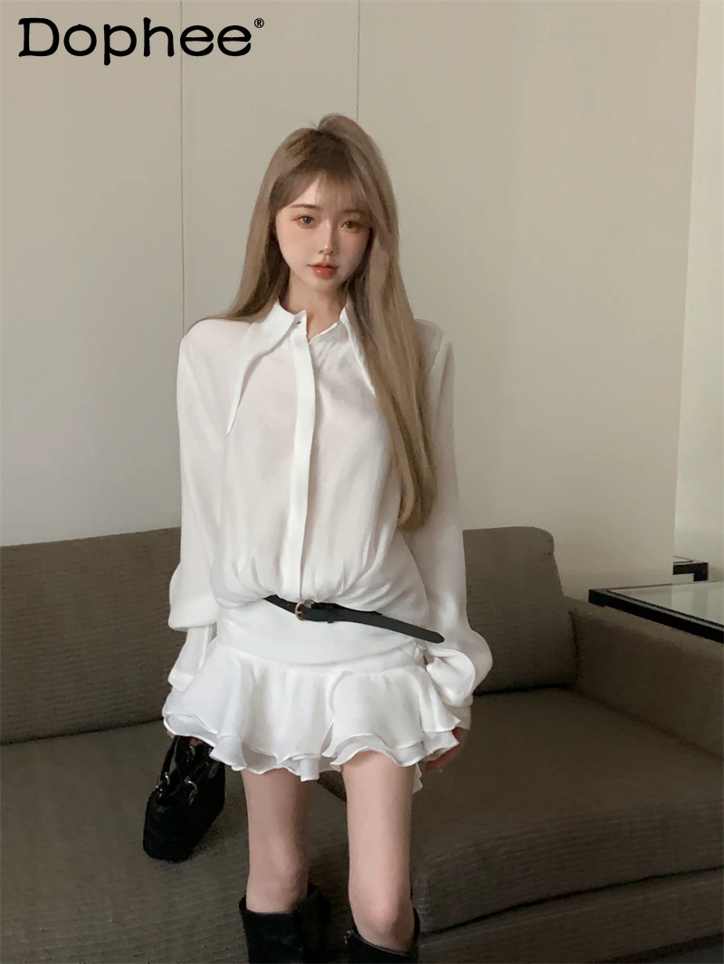 

Japanese Style White Ruffles Mini Dress Female Long Sleeve Shirt Dress 2024 Spring Summer Trimming A Line Short Skirt for Women