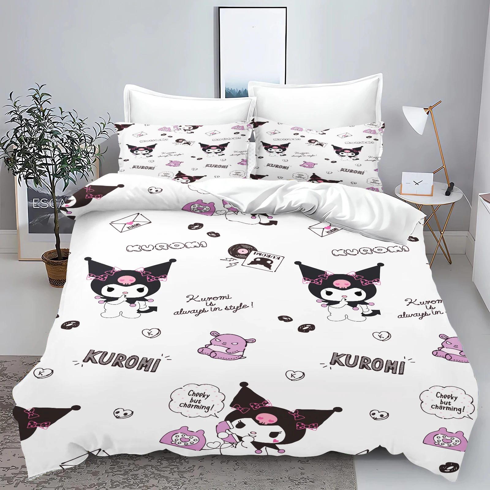 Description Picture 2 of itemKuromi Quilt Cover Cute Cartoon Printed Bedding Sets for Kids Sanrio Duvet Queen Size Home Modern Comforter Gifts for Kids 3 Pcs