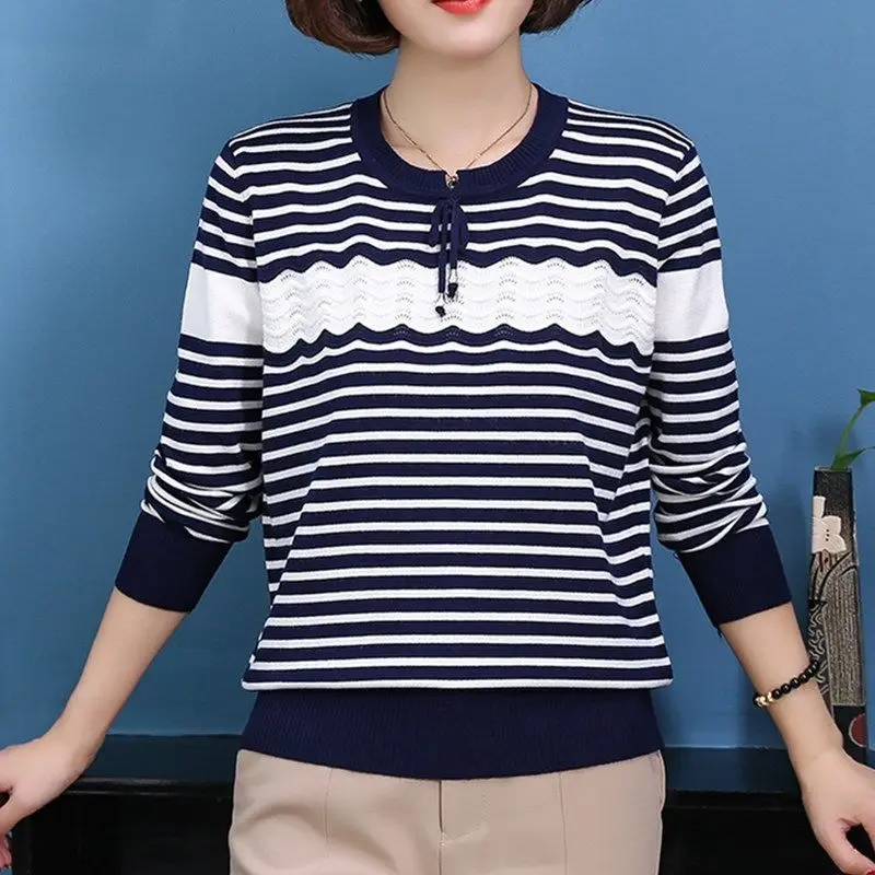 Elegant Temperament Versatile Women's Clothing 2023 Autumn and Winter New Bow Lacing Striped Round Neck Long Sleeved Pullover