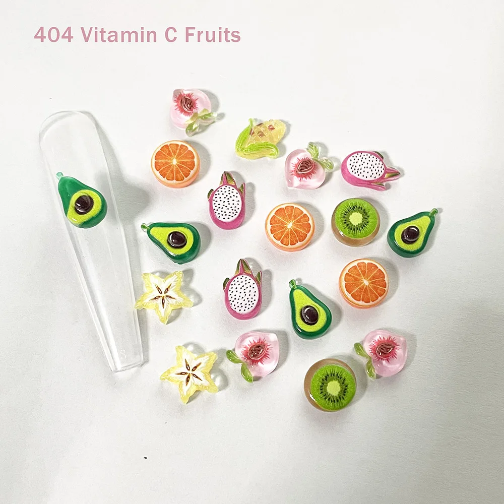 -Vitamina C- Nutrition Fruit Series Nail 3D Resin Charm Mix Pitaya Tangerine Carambola Starfruit Mais Kiwi Pesca Avocado 404