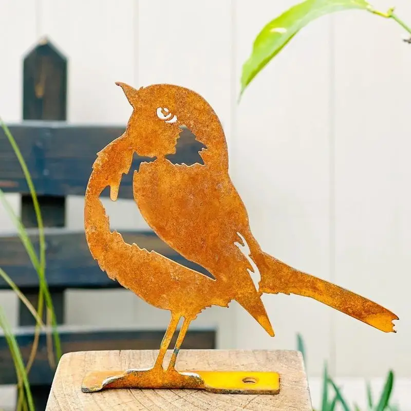 1개 녹슨 색깔의 새 모양 편안한 집과 정원 장식, 시골풍 금속 예술품, 뒷마당 벽 장식, 철제 정원 장식