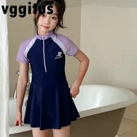 New Summer Children Swimsuit Girls Professional Training Sports Swimwear Raglan Short Sleeve Swim Dress Kids Bathing Suit H2404