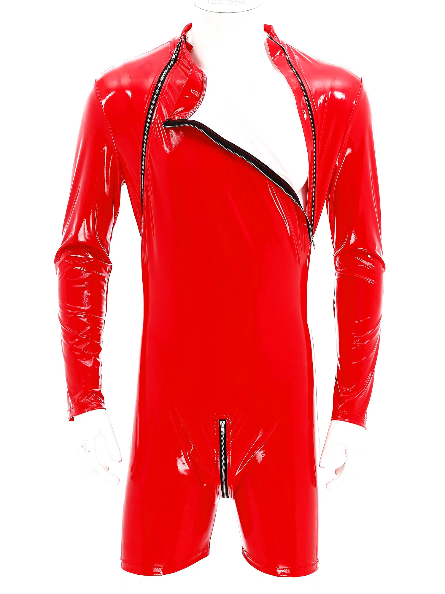 Men Zipper Crotch Neckline Leather Bodysuit Club Dance Performance Wetlook Boxer Shorts Jumpsuit Hommes Clubwear men bodysuits