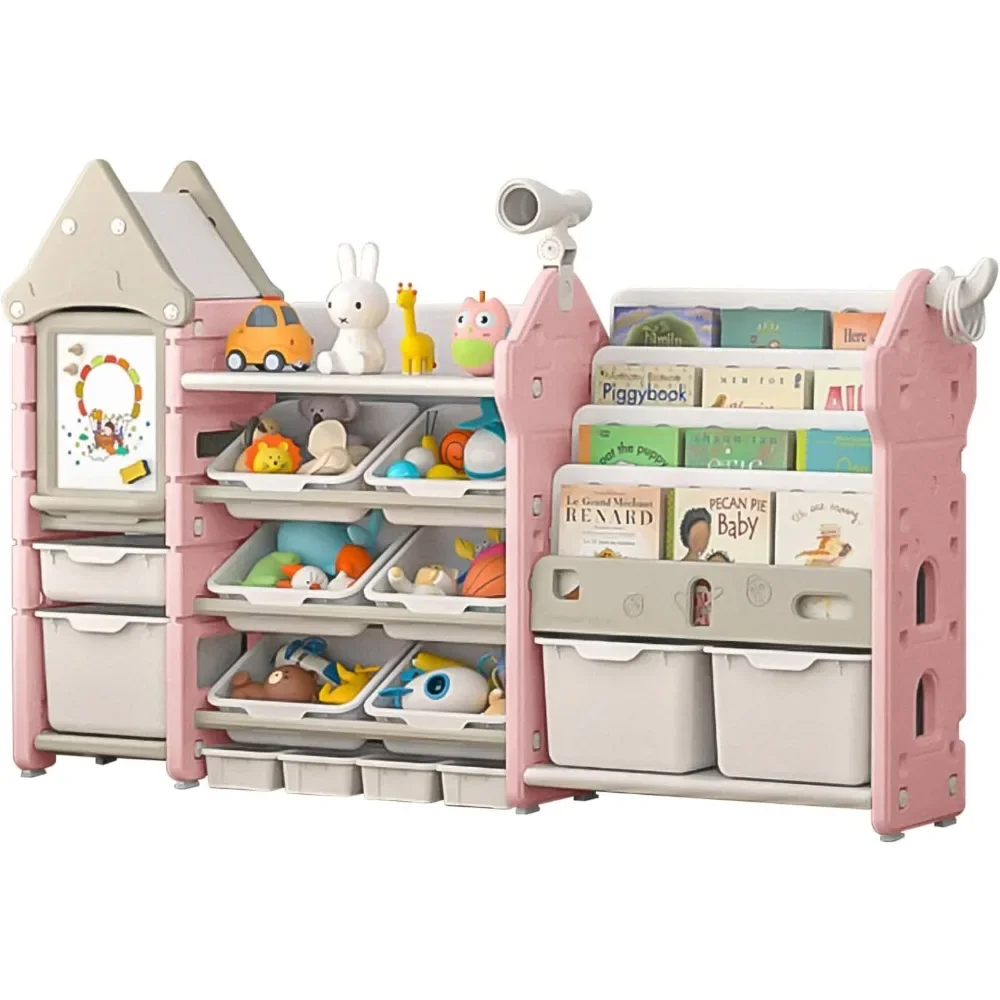 UNICOO-Kids Toy Storage Organizer and Children Bookshelf, with 14 Bins, Pull-Out Drawers Multipurpose Shelf for Toddlers