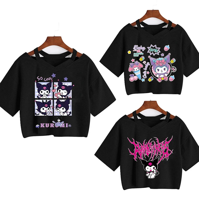 

Забавная футболка Kuromi, мультяшный укороченный топ, футболка, укороченная женская футболка Sanrio Kuromi, женская модель Y2k, футболки, женские топы